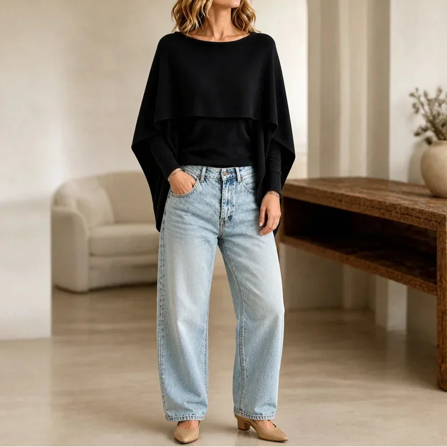 Druni Chic Layered Cape-Shoulder Knit Top - Elena Harper