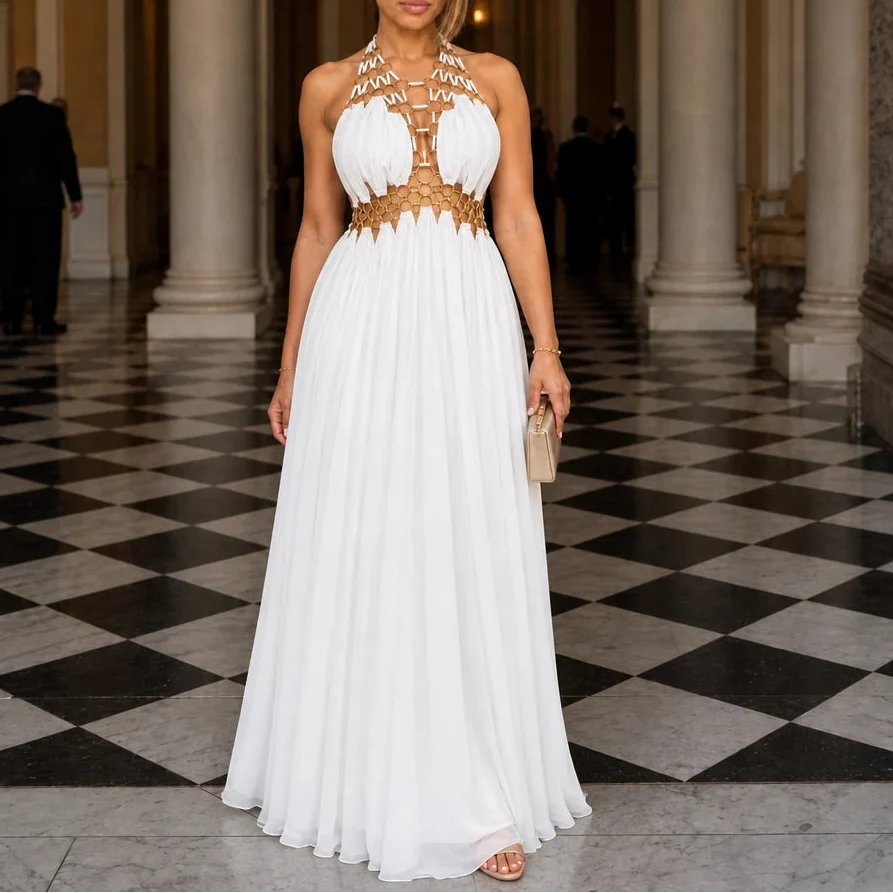 Avelise – Gold Ring Halter Open-Back Maxi Dress