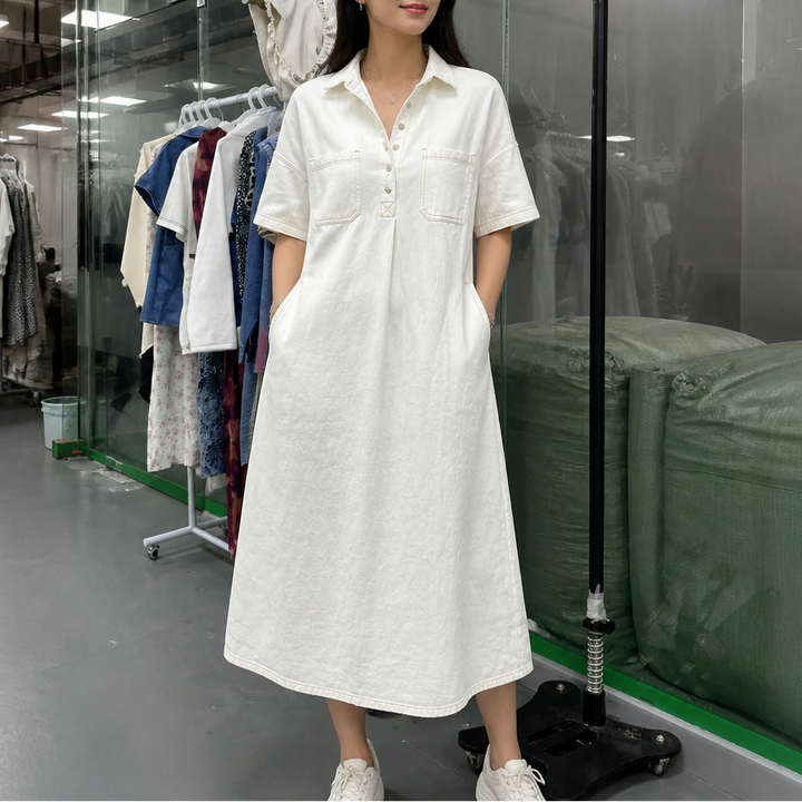 Denimly Pocketed Shirt Collar Denim Midi Dress - Elena Harper