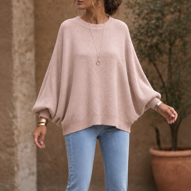 Drapeva Fitted Cuff Batwing Knit Pullover - Elena Harper