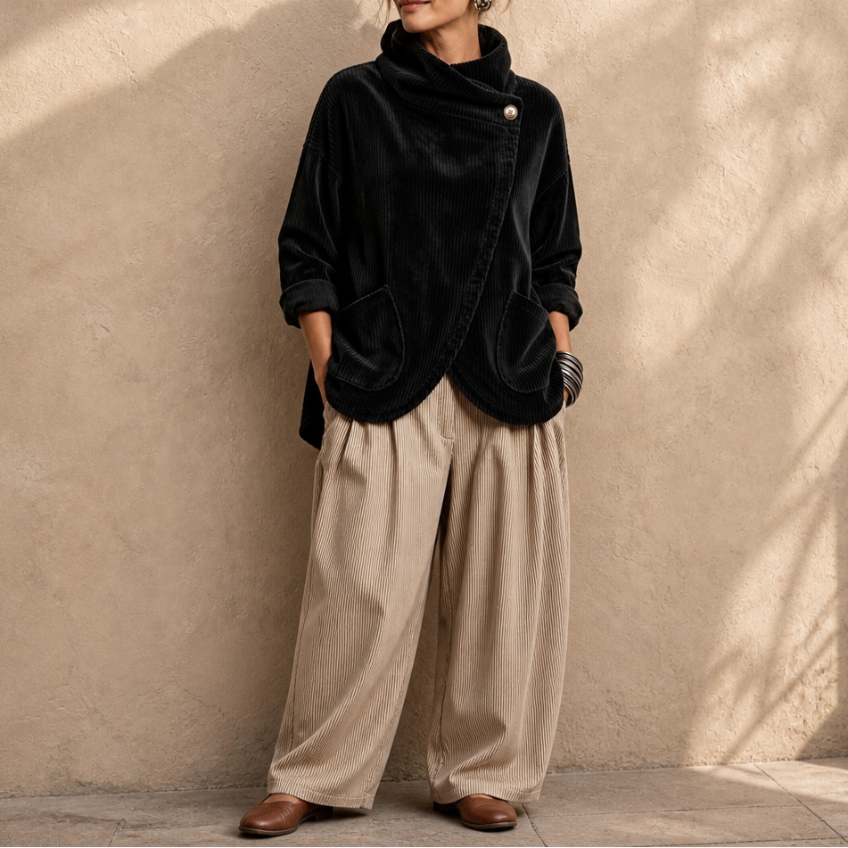 Draperly Asymmetric Hem Hooded Corduroy Poncho - Elena Harper