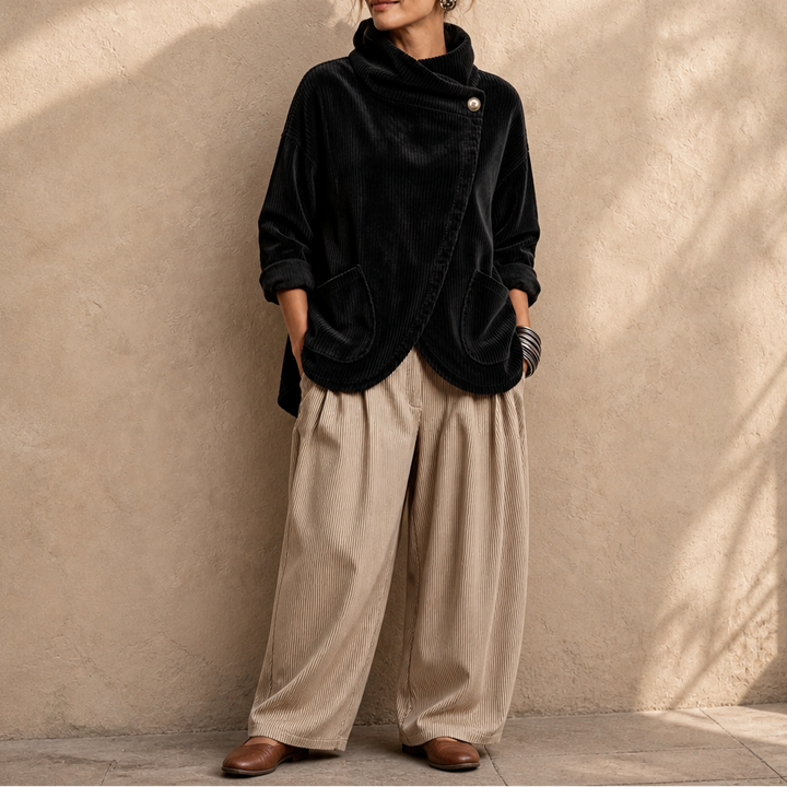 Draperly Asymmetric Hem Hooded Corduroy Poncho - Elena Harper