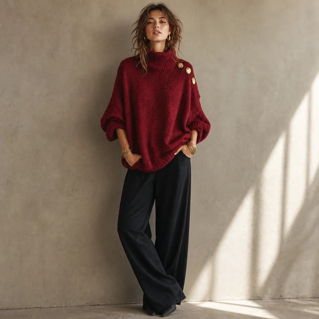 Aurelle – Gold Button Shoulder Knit Turtleneck Sweater