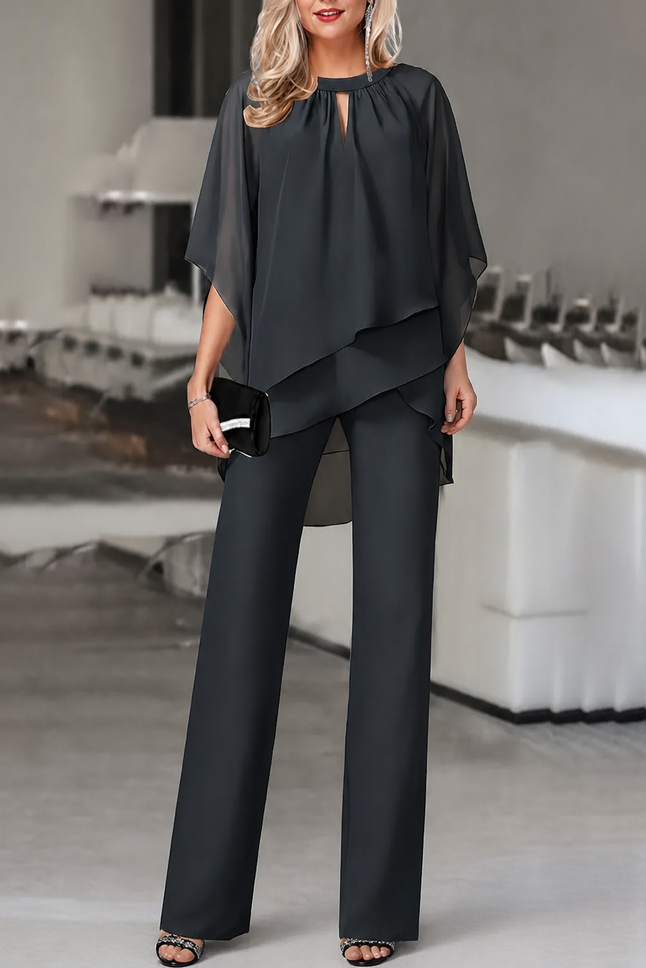 Draperie Asymmetric Drape Overlay Wide-Leg Pant Set - Elena Harper