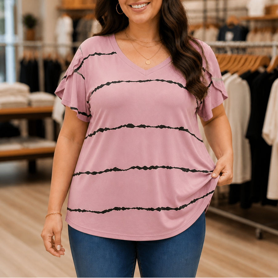 Curvella Striped V-Neck Stretch Knit Tee - Elena Harper