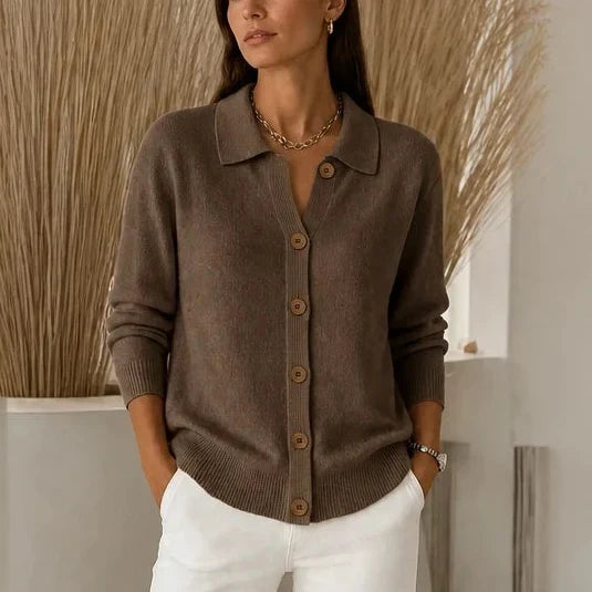 Collara Turn-Down Collar Contrast-Button Knit Cardigan - Elena Harper