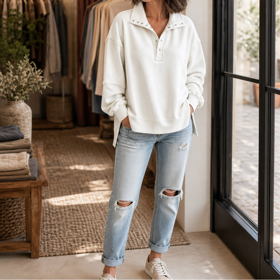 Draperie Raw-Edge Split-Cuff Snap Placket Henley - Elena Harper