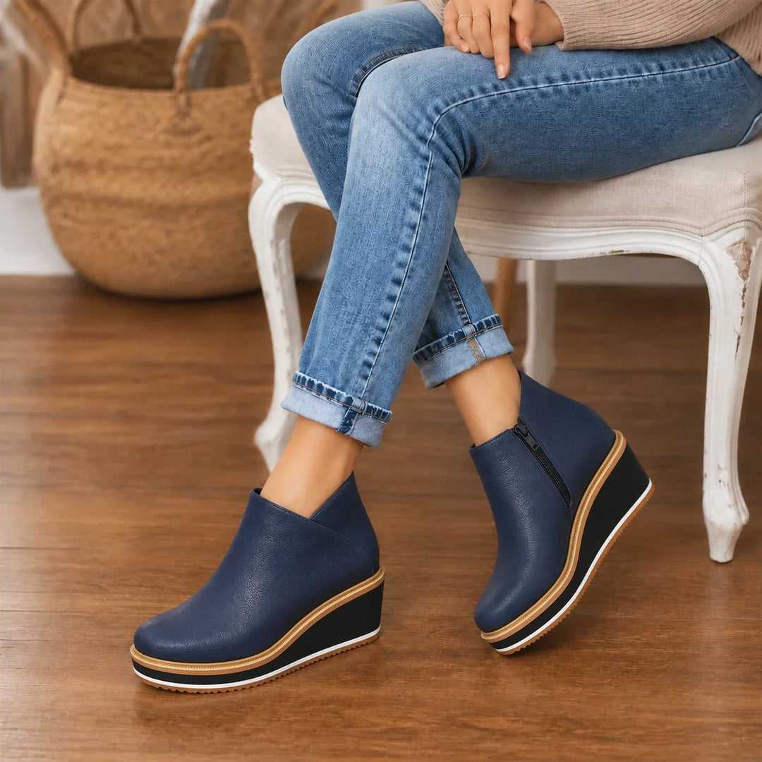 Colombe Smooth Side-Zip Wedge Ankle Boots - Elena Harper