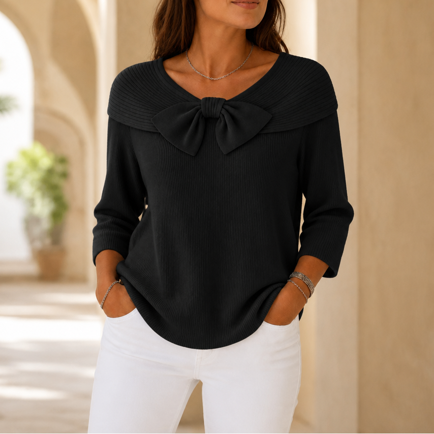 Bowdrift Bow-Neck Ribbed Knit Sweater - Elena Harper