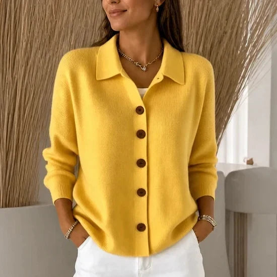 Collara Turn-Down Collar Contrast-Button Knit Cardigan - Elena Harper