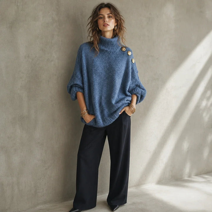 Aurelle – Gold Button Shoulder Knit Turtleneck Sweater