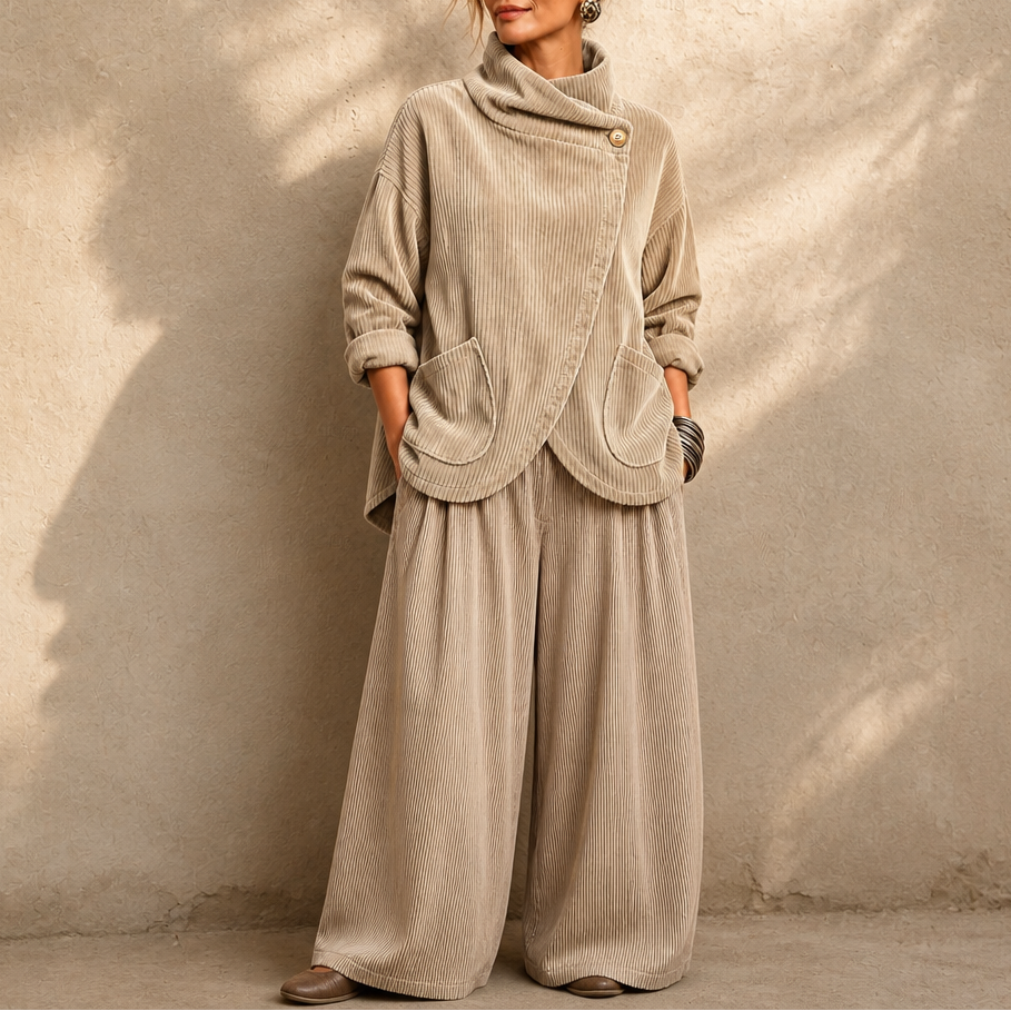 Draperly Asymmetric Hem Hooded Corduroy Poncho - Elena Harper