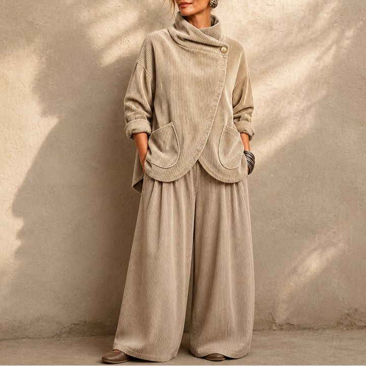 Draperly Asymmetric Hem Hooded Corduroy Poncho - Elena Harper
