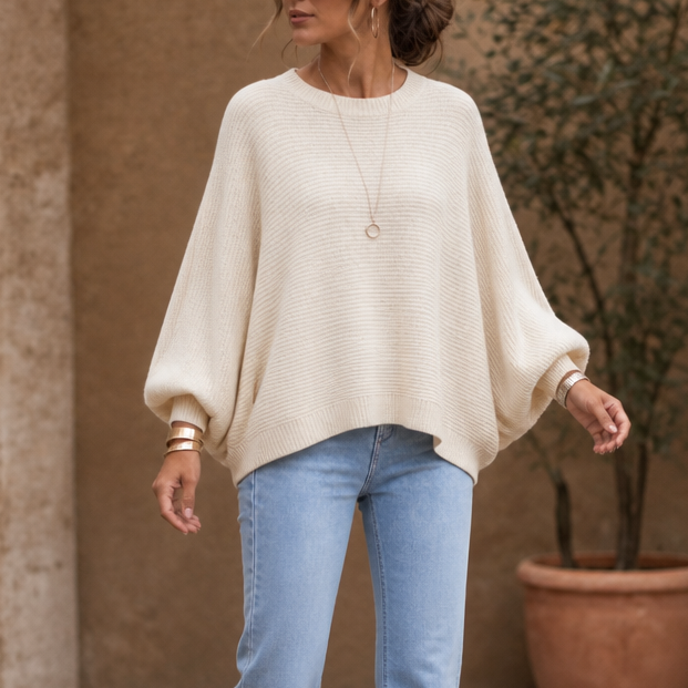 Drapeva Fitted Cuff Batwing Knit Pullover - Elena Harper