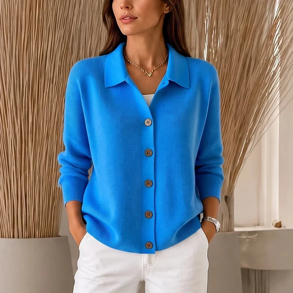 Collara Turn-Down Collar Contrast-Button Knit Cardigan - Elena Harper