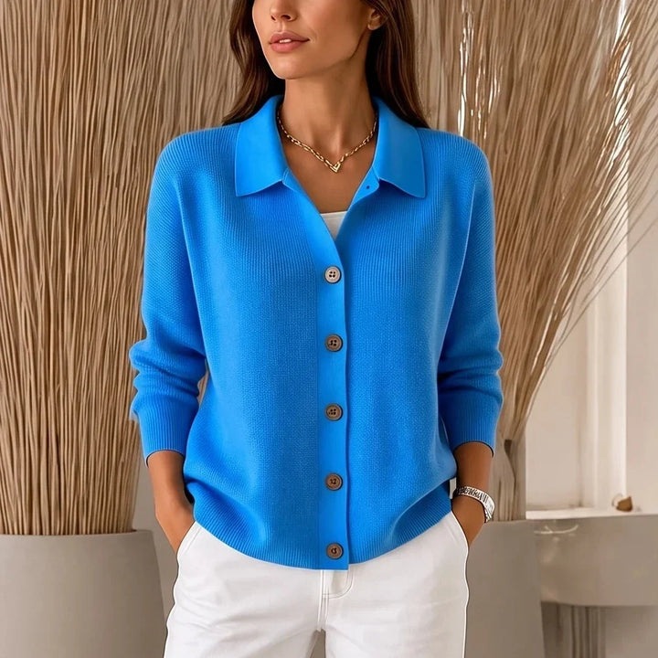 Collara Turn-Down Collar Contrast-Button Knit Cardigan - Elena Harper