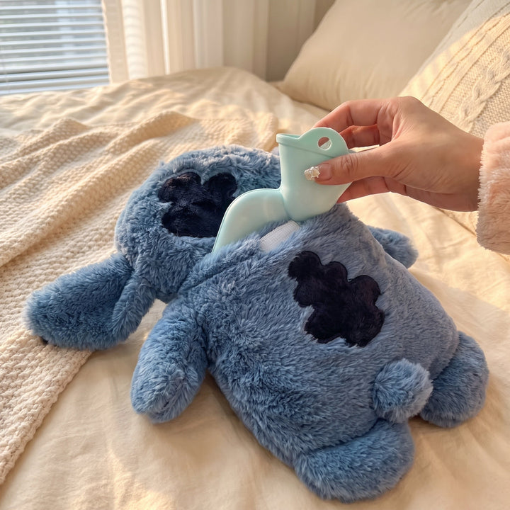 Plush Hot Water Bottle With Stitch Design Provides Comforting Warmth For Cold Fingers
