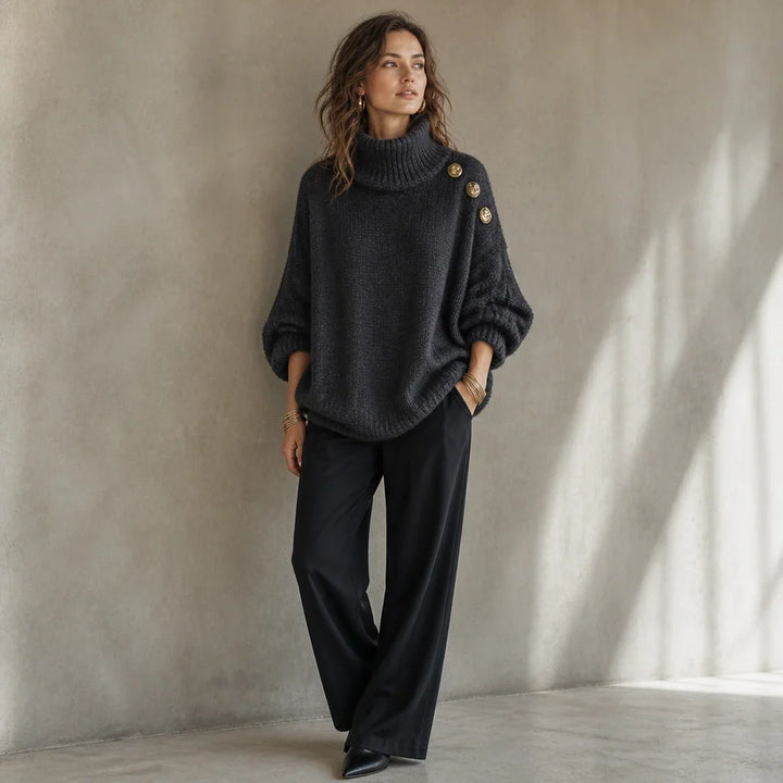 Aurelle – Gold Button Shoulder Knit Turtleneck Sweater