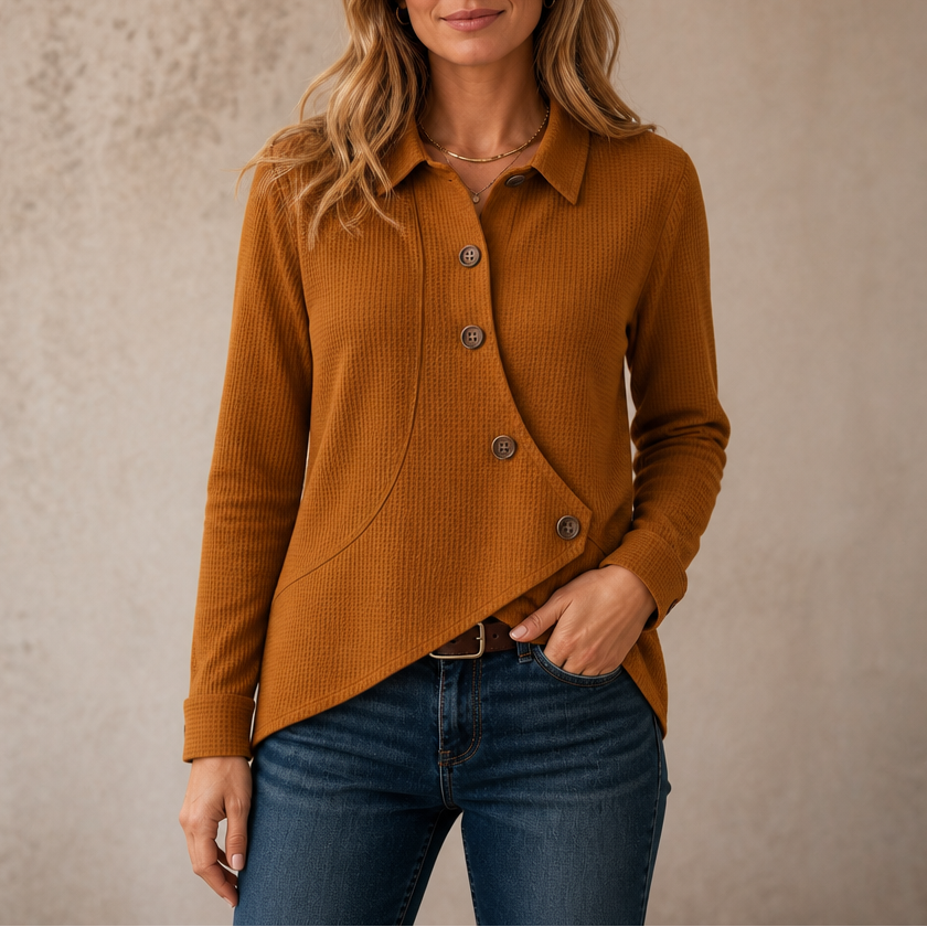 Draperau Waffle-Knit Asymmetric Placket Top - Elena Harper