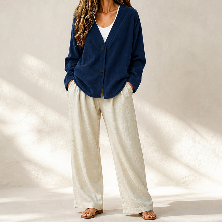 Corabelle Rib Open-Front V-Neck Cardigan - Elena Harper