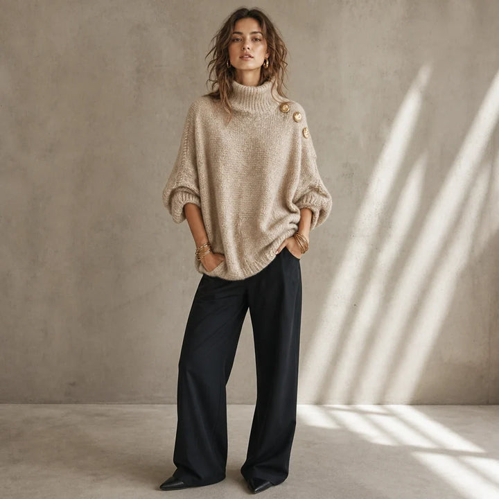 Aurelle – Gold Button Shoulder Knit Turtleneck Sweater