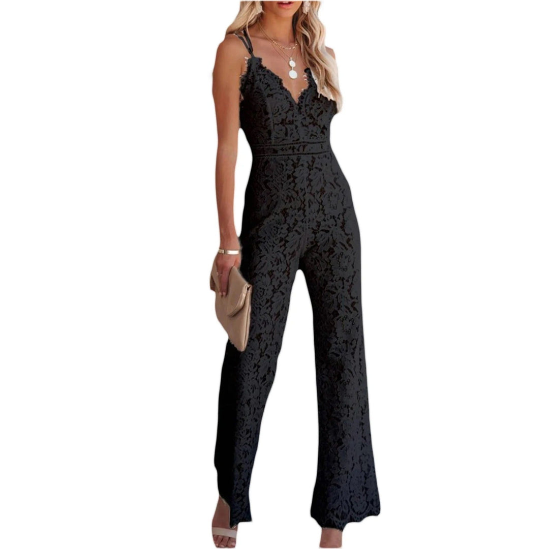 Figure-hugging Women's Jumpsuit with Floral Pattern and Open Back Lace Blossom - Elena Harper