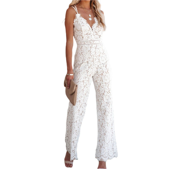 Figure-hugging Women's Jumpsuit with Floral Pattern and Open Back Lace Blossom, view 2 - Elena Harper