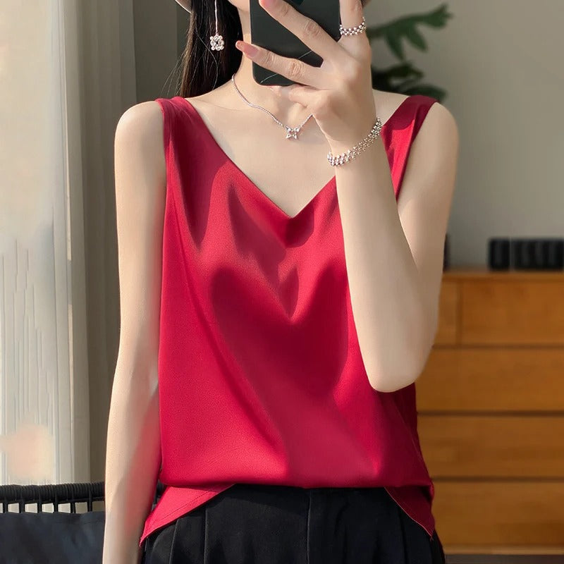 Satin Sleeveless Top with V-Neck for Women