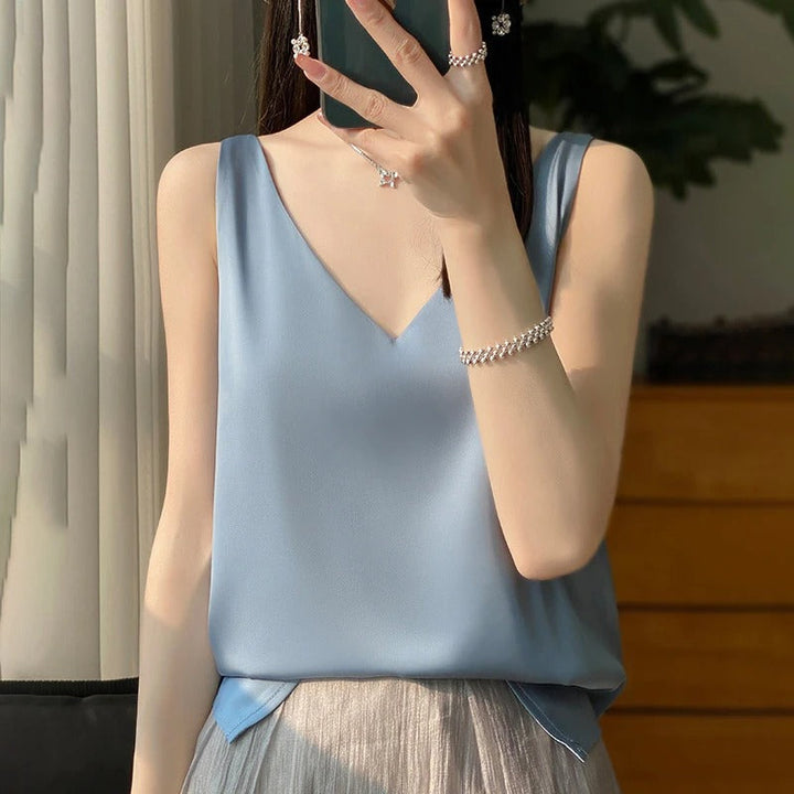 Satin Sleeveless Top with V-Neck for Women