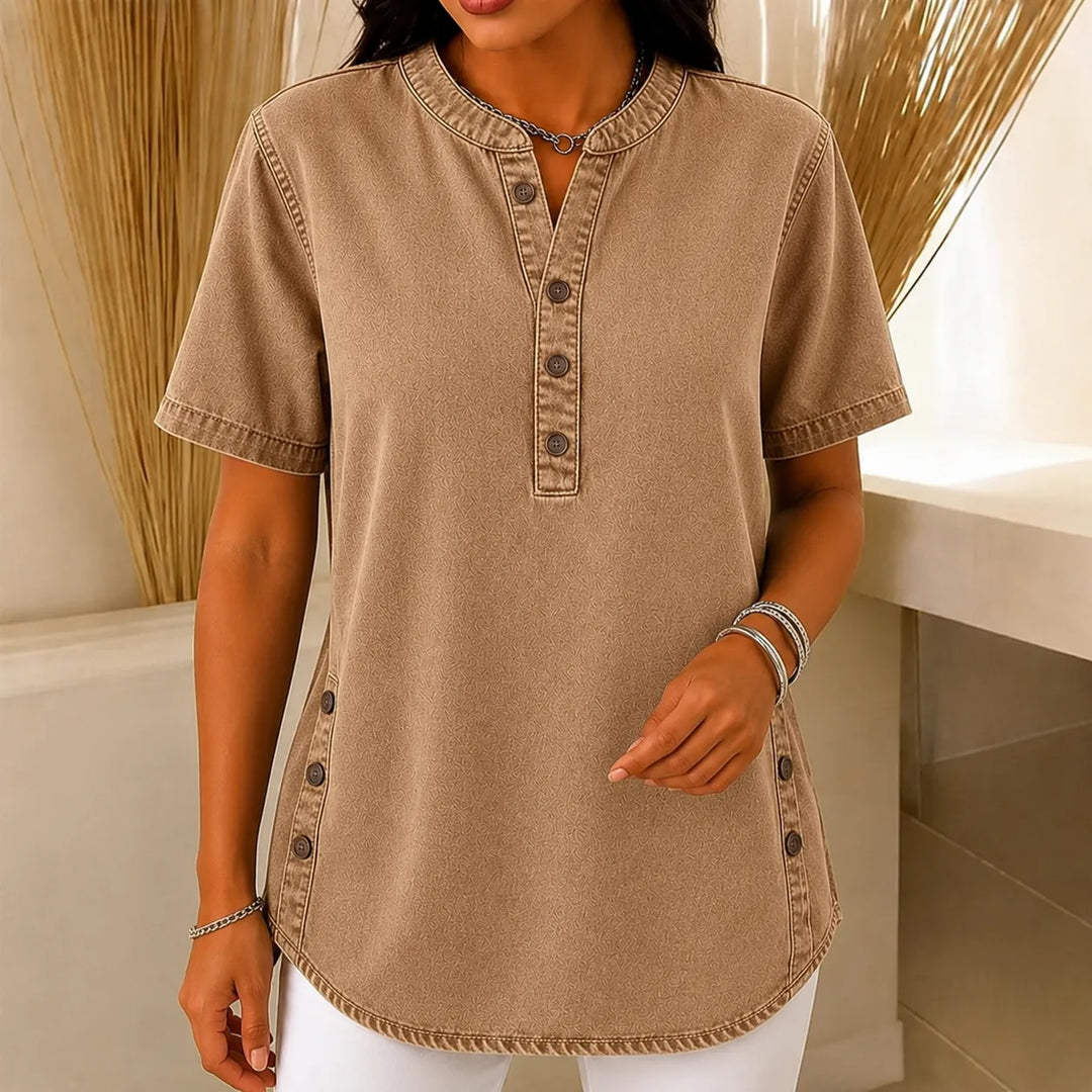 Avelyn Henley Tunic Top with Side Buttons for Women - Elena Harper