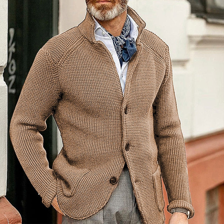 Theron Textured Stand-Collar Cardigan, view 8 - Elena Harper