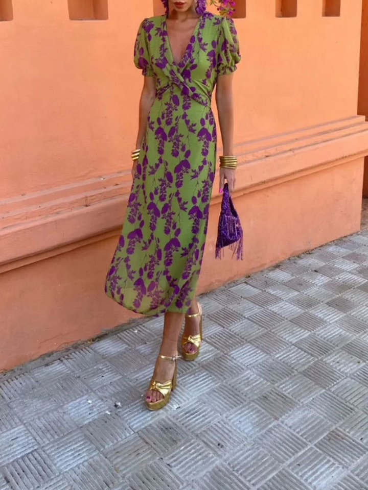 Clara Short Sleeve Floral V Neck Midi Dress - Elena Harper