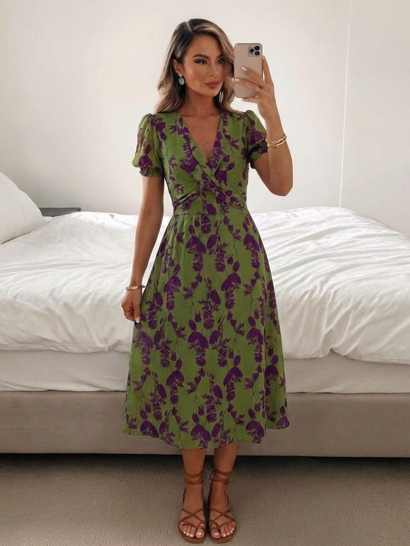 Clara Short Sleeve Floral V Neck Midi Dress - Elena Harper