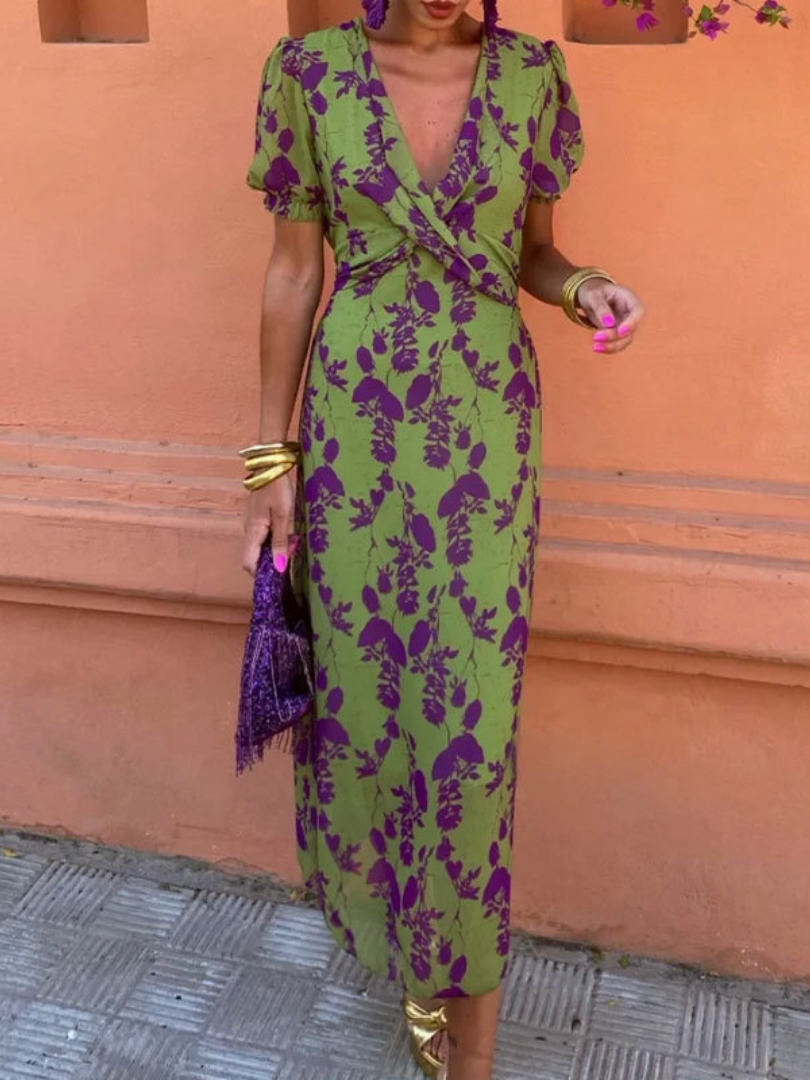 Clara Short Sleeve Floral V Neck Midi Dress - Elena Harper