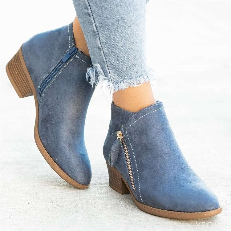 Women's Suede Ankle Boots with Pointed Toe and Block Heel