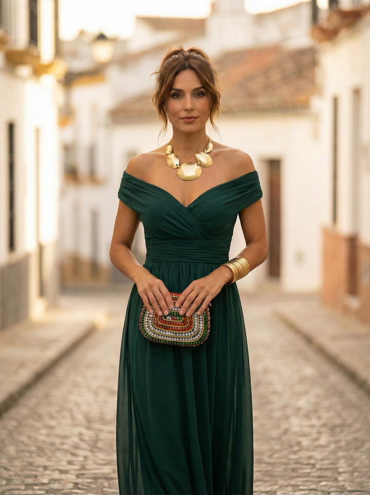 Leo | Elegant V-neck long gathered dress for women | Wedding