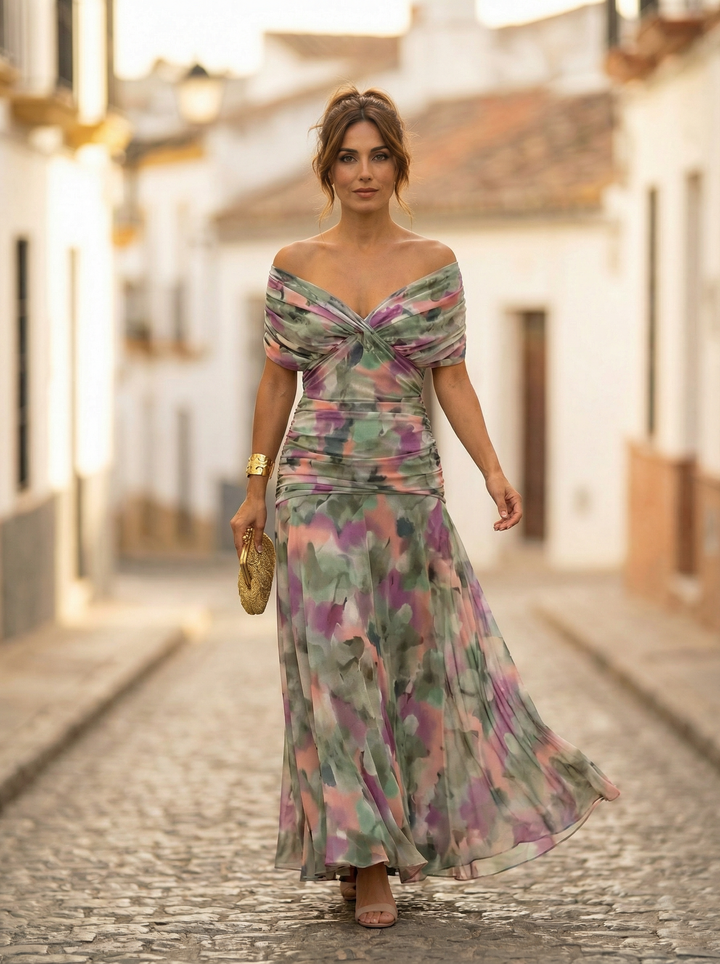 Leo | Elegant V-neck long gathered dress for women | Wedding