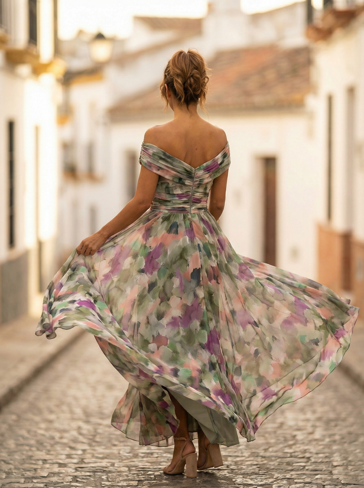 Leo | Elegant V-neck long gathered dress for women | Wedding