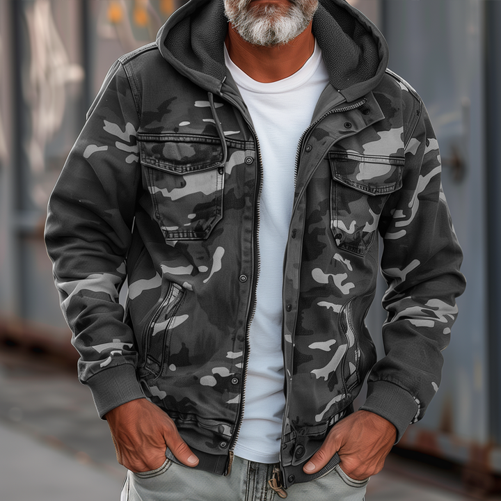 Men's Hooded Camouflage Jacket with Chest Pockets