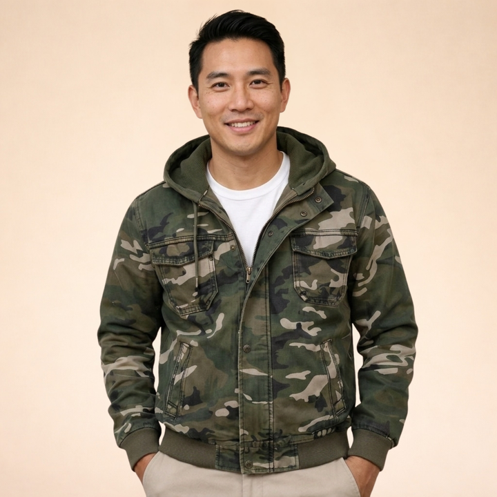 Men's Hooded Camouflage Jacket with Chest Pockets