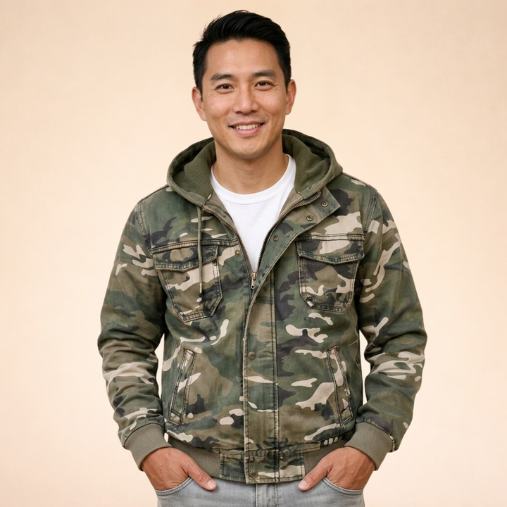 Men's Hooded Camouflage Jacket with Chest Pockets