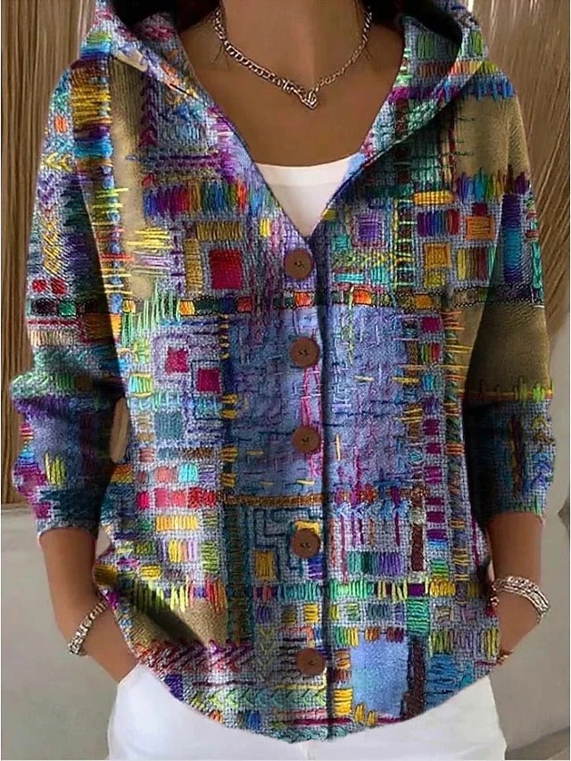 Women's Hooded Button-Up Shirt Jacket with Abstract Print
