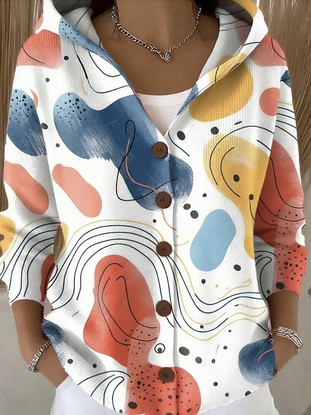 Women's Hooded Button-Up Shirt Jacket with Abstract Print