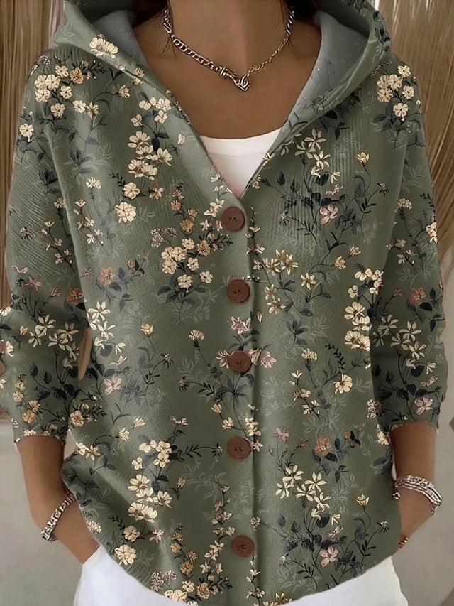 Women's Hooded Button-Up Shirt Jacket with Abstract Print