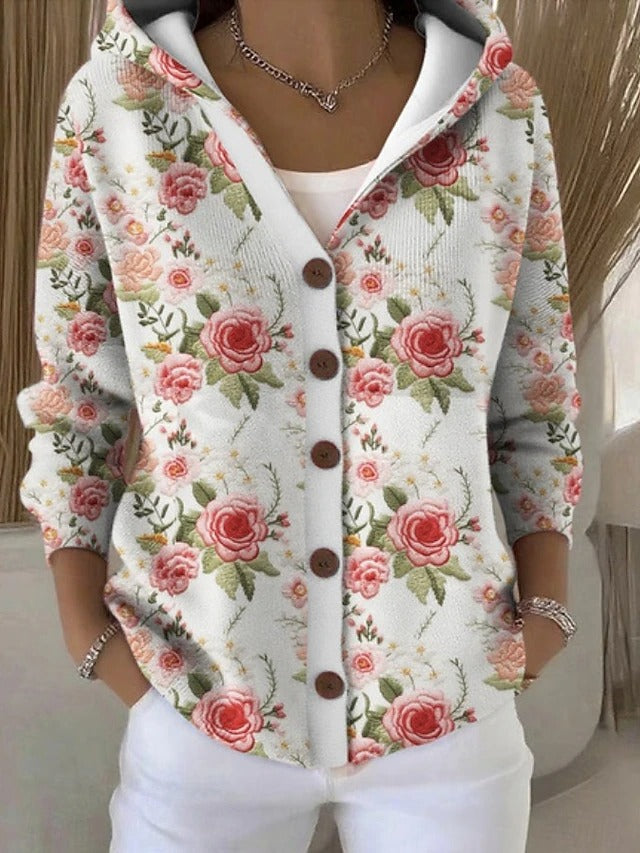 Women's Hooded Button-Up Shirt Jacket with Abstract Print