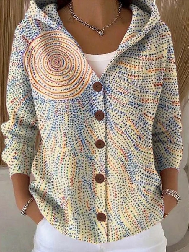 Women's Hooded Button-Up Shirt Jacket with Abstract Print