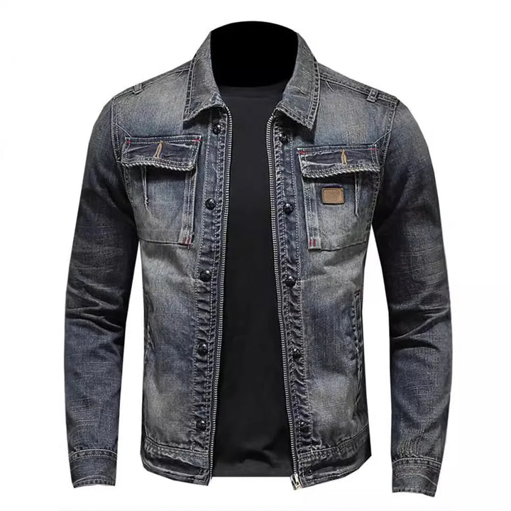 Men's Zip-Up Denim Jacket with Side Pockets