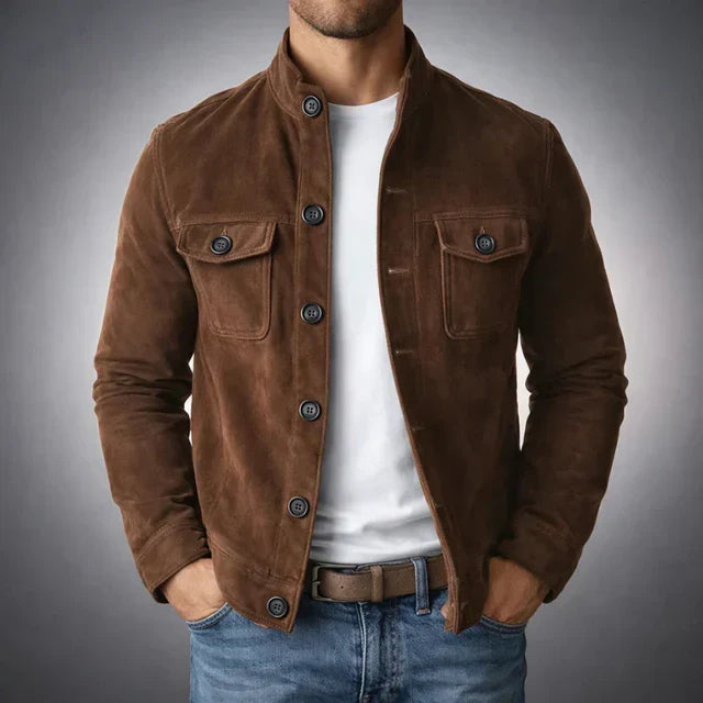 Men's Suede Effect Jacket with High Collar and Button Closure