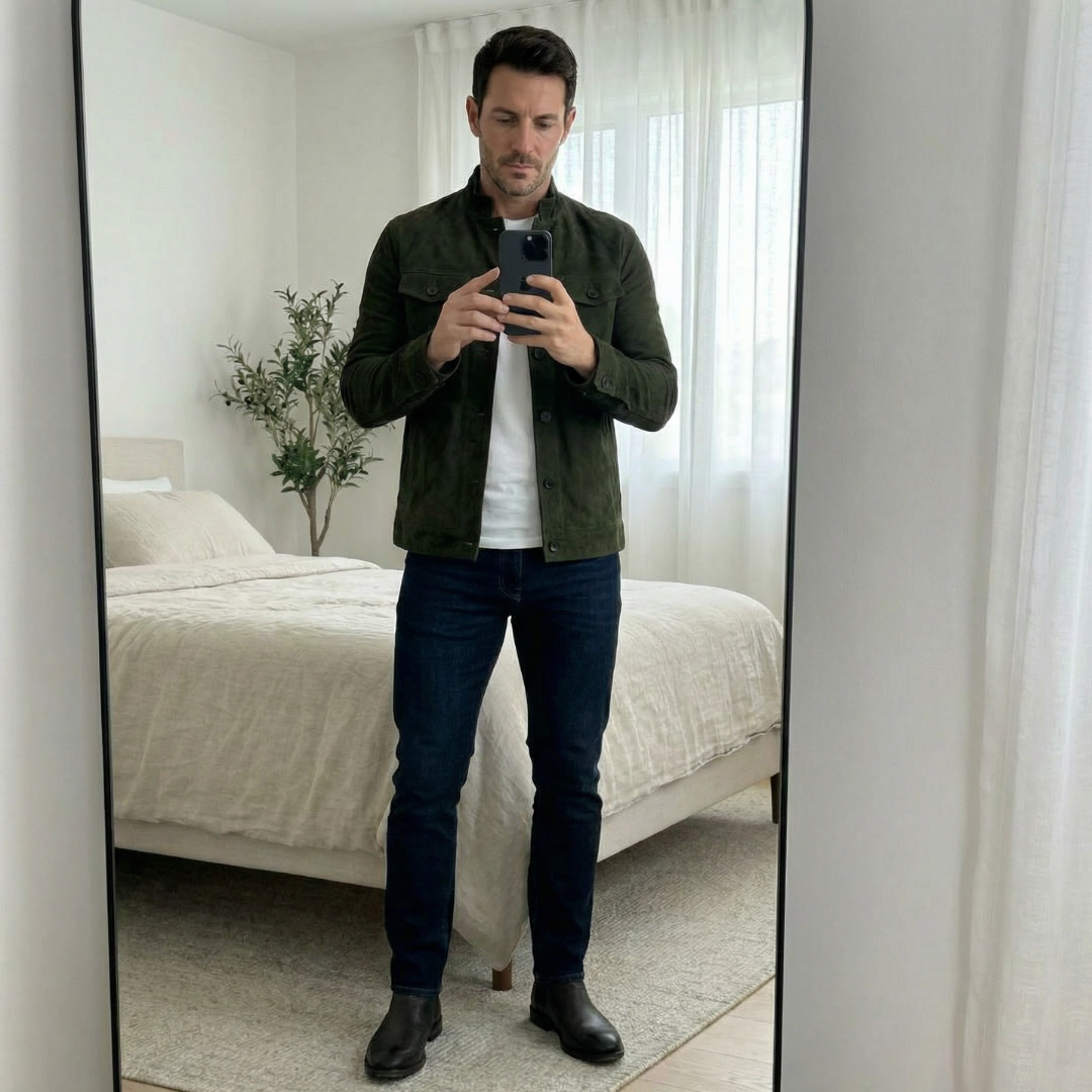 Men's Suede Effect Jacket with High Collar and Button Closure