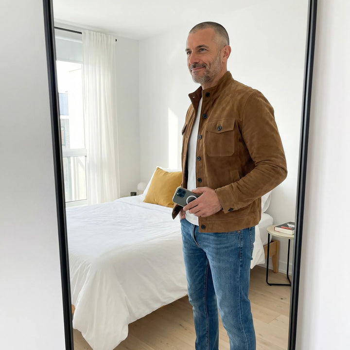Men's Suede Effect Jacket with High Collar and Button Closure